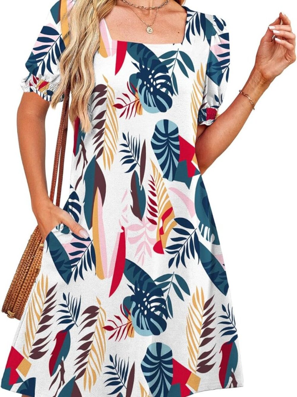 RUMIA Women's Summer Dress Casual Cute Square Neck Puff Short Sleeve Dress-Med